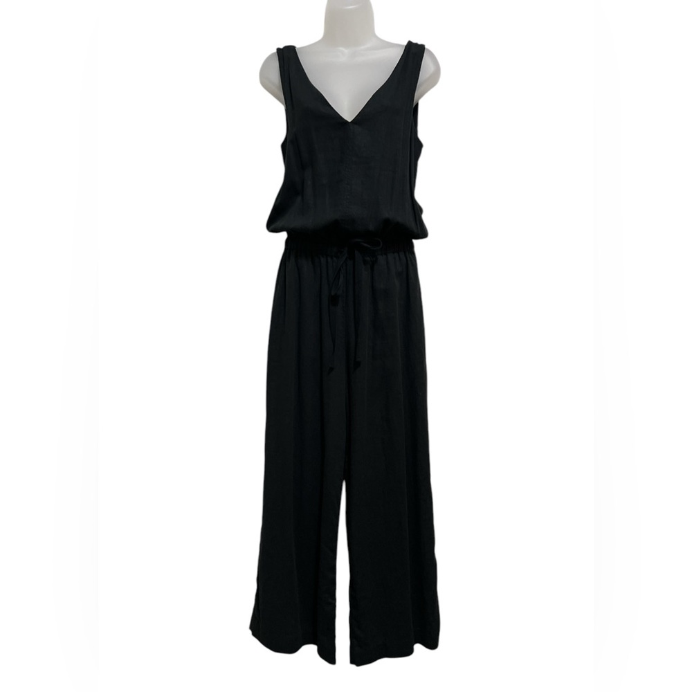 NWT Splended Sz XS Jumpsuit Black V-Neck Elastic Waist Drawstring Linen Pockets